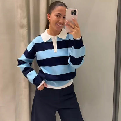 Jersey de Rayas Cuello Polo para Mujer | Oversize