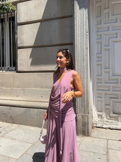 Vestido Largo de Gasa para Mujer | Cuello Halter y Cintura Plisada, Verano