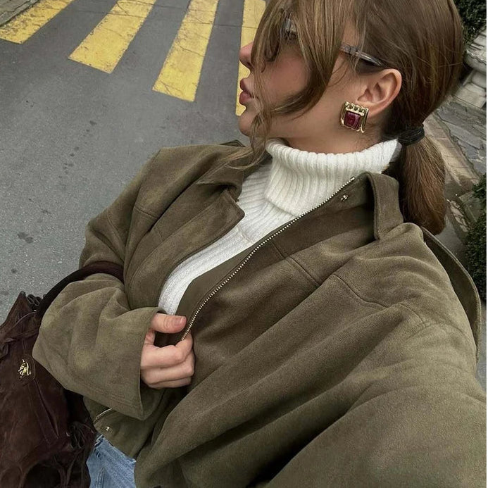Chaqueta Bomber de Ante Sintético para Mujer | Oversize con Cuello Solapa