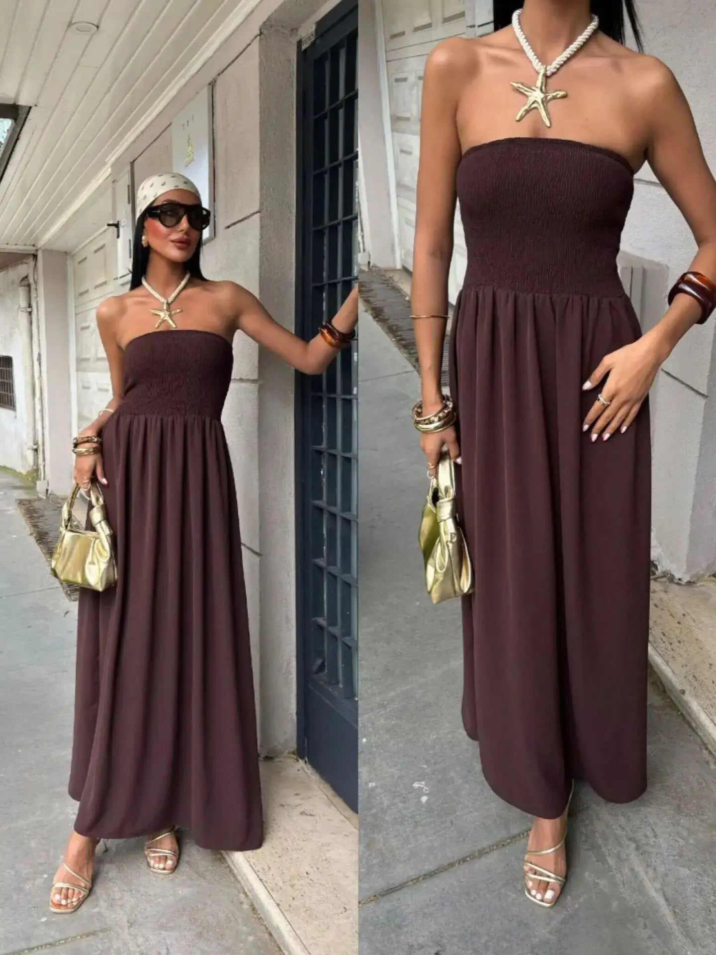 Vestido Largo de Verano para Mujer | Vestido Liso Palabra de Honor con Escote Bardot