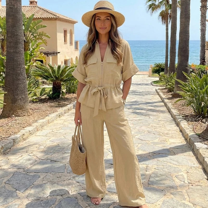 Conjunto Camisa y Pantalón Satinado para Mujer | Cintura Alta