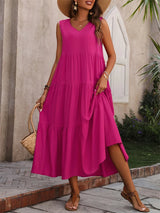 Vestido Midi Evasé para Mujer | Vestido de Verano Liso sin Mangas con Escote en V