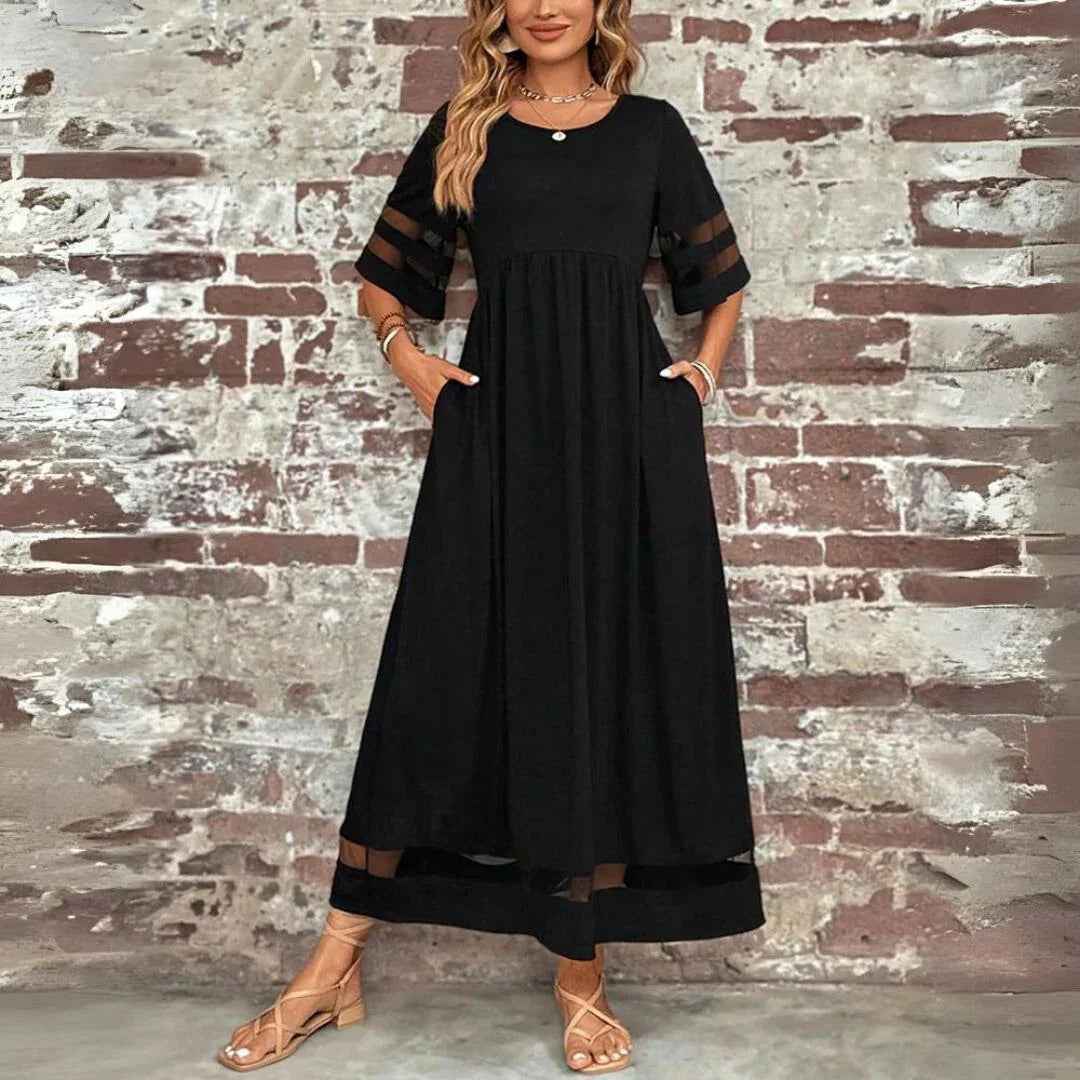 Vestido Largo para Mujer | Vestido Casual de Media Manga con Franjas de Tul y Bolsillos