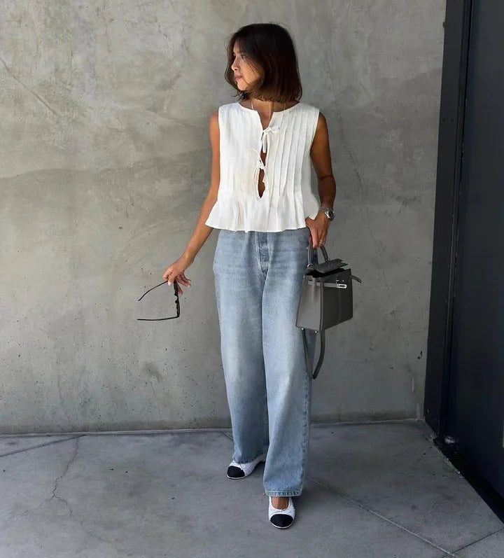 Blusa de Lino para Mujer | Top sin Mangas con Lazo y Calado