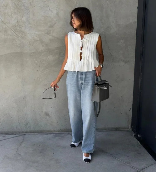 Blusa de Lino para Mujer | Top sin Mangas con Lazo y Calado