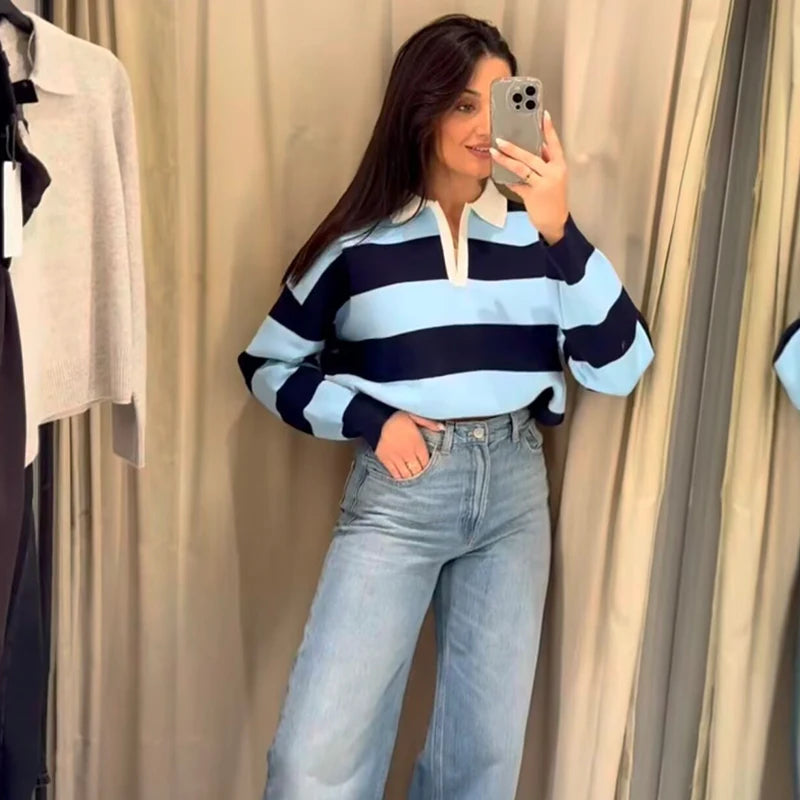 Jersey de Rayas Cuello Polo para Mujer | Oversize