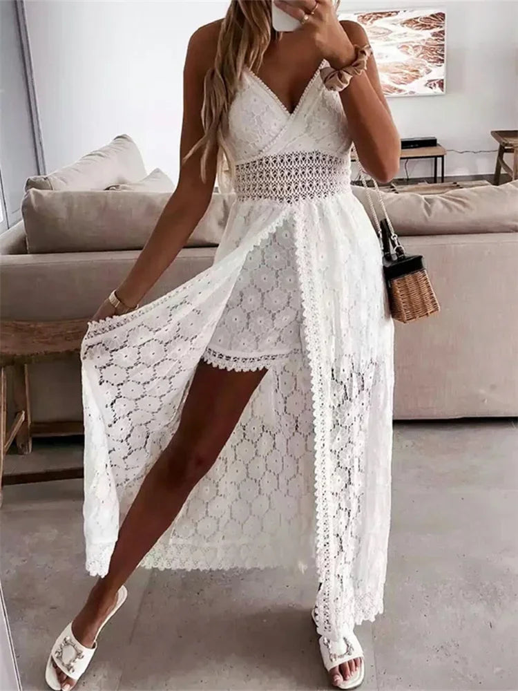 Vestido Midi de Encaje para Mujer | Vestido Calado sin Mangas con Escote en V