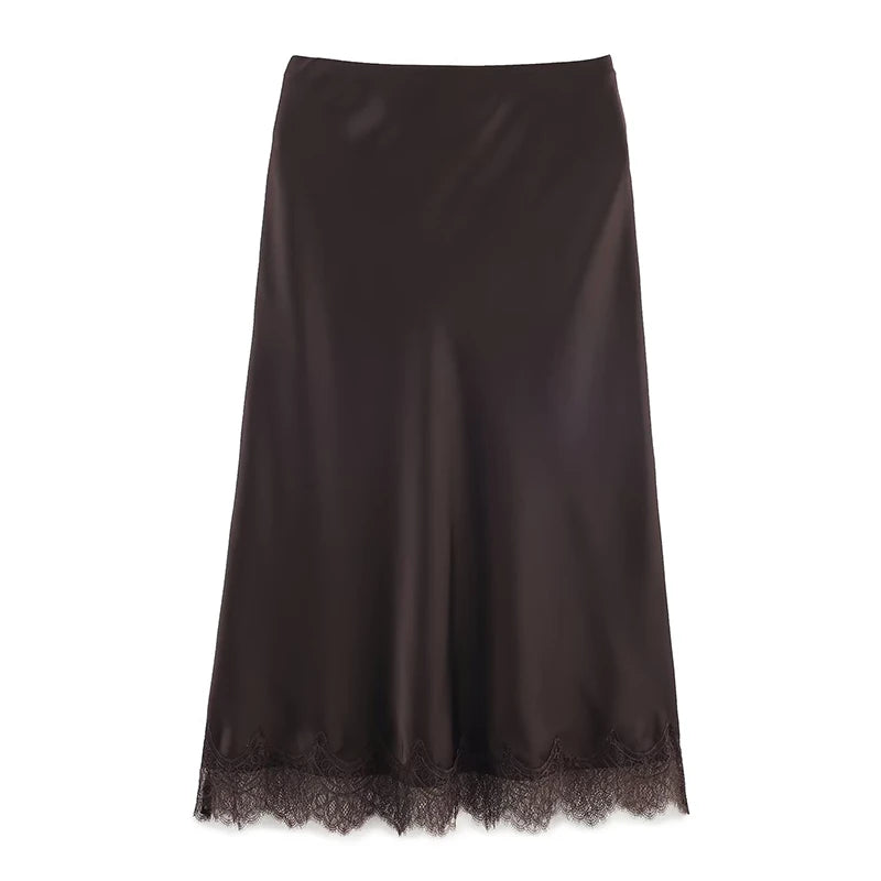 Falda Midi Plisada con Encaje para Mujer | Cintura Alta