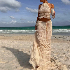 Conjunto de Dos Piezas Boho para Mujer | Top Halter y Falda Larga de Playa
