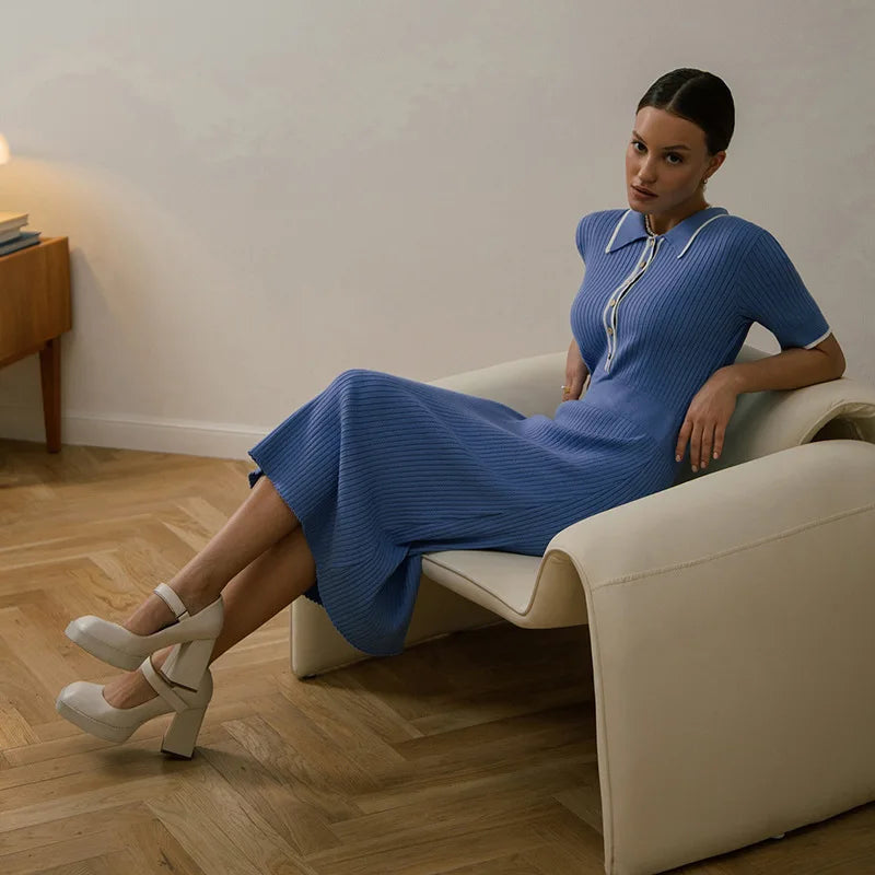 Vestido Maxi de Punto Ajustado para Mujer | Entallado de Manga Corta y Solapa