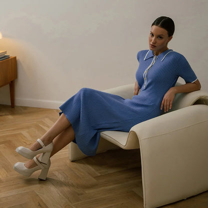 Vestido Maxi de Punto Ajustado para Mujer | Entallado de Manga Corta y Solapa