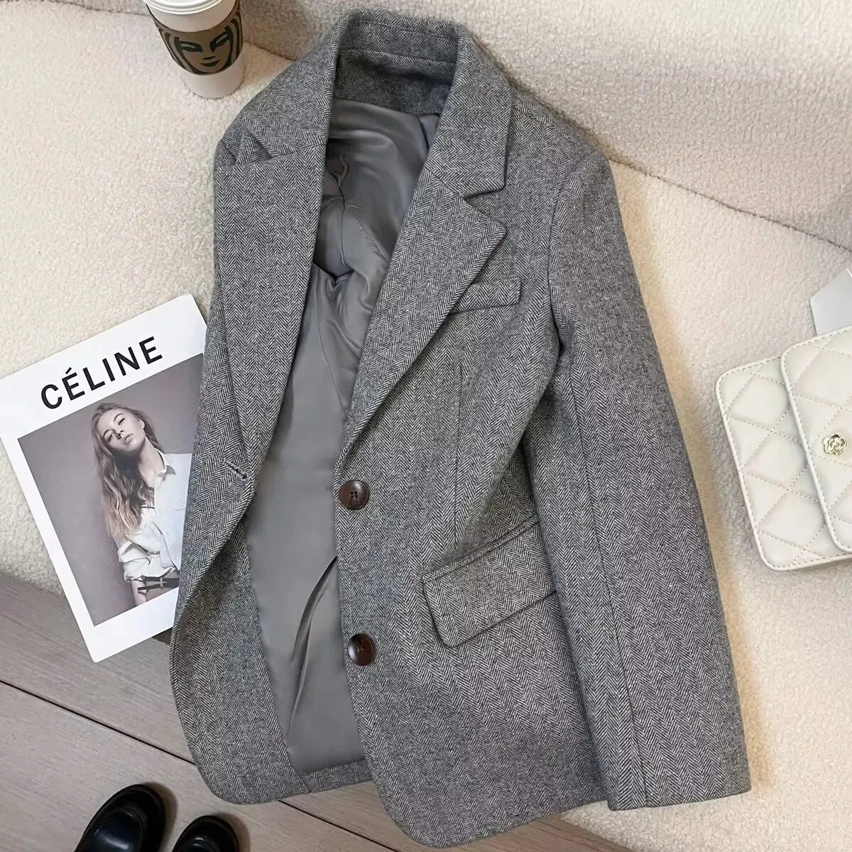 Blazer Gris para Mujer | Americana de Espiga Efecto Lana con Forro
