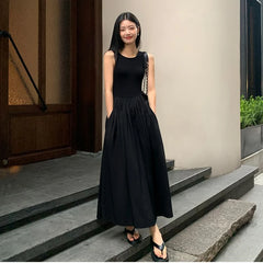 Vestido Largo Negro para Mujer | Escote Redondo, Sin Mangas con Bolsillos, Verano
