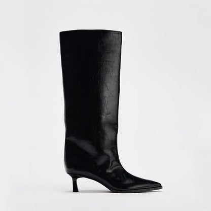Botas Altas Negras para Mujer | Botas de Punta Fina de Otoño Tacón Fino