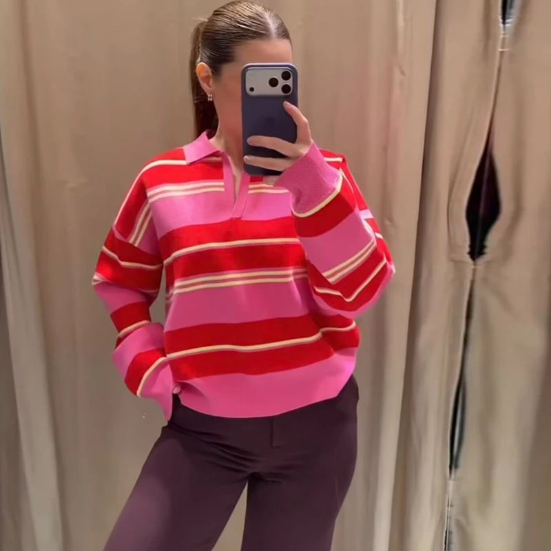 Jersey de Rayas Cuello Polo para Mujer | Oversize
