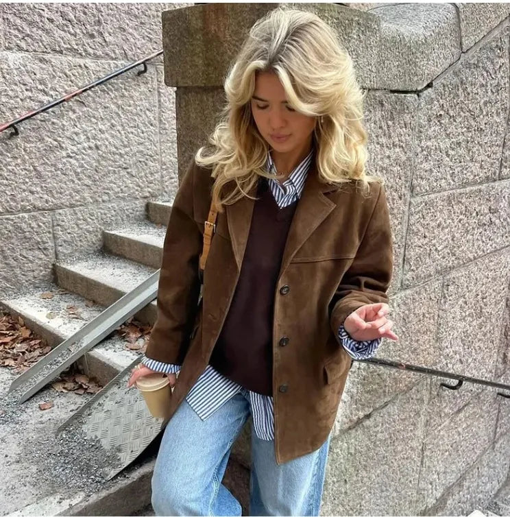 Blazer Efecto Ante para Mujer | Americana de Antelina con Bolsillos de Solapa