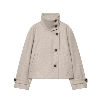Abrigo Corto de Cuello Alto para Mujer | Chaquetón Efecto Paño con Botones Asimétricos