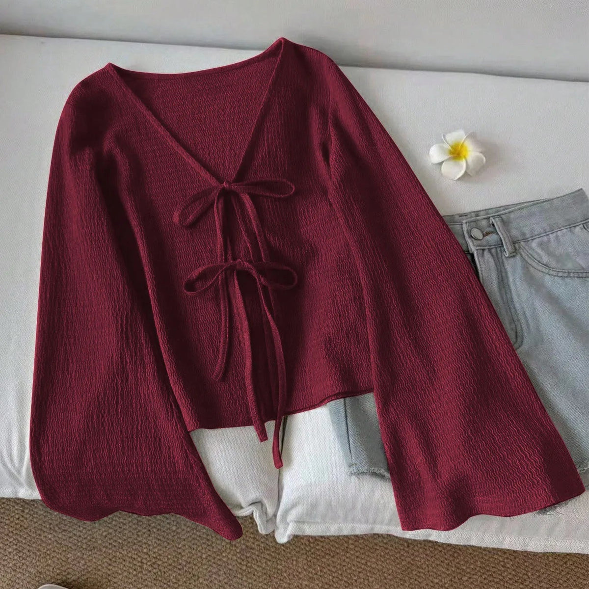 Blusa de Punto con Lazada para Mujer | Manga Farol y Escote de Pico