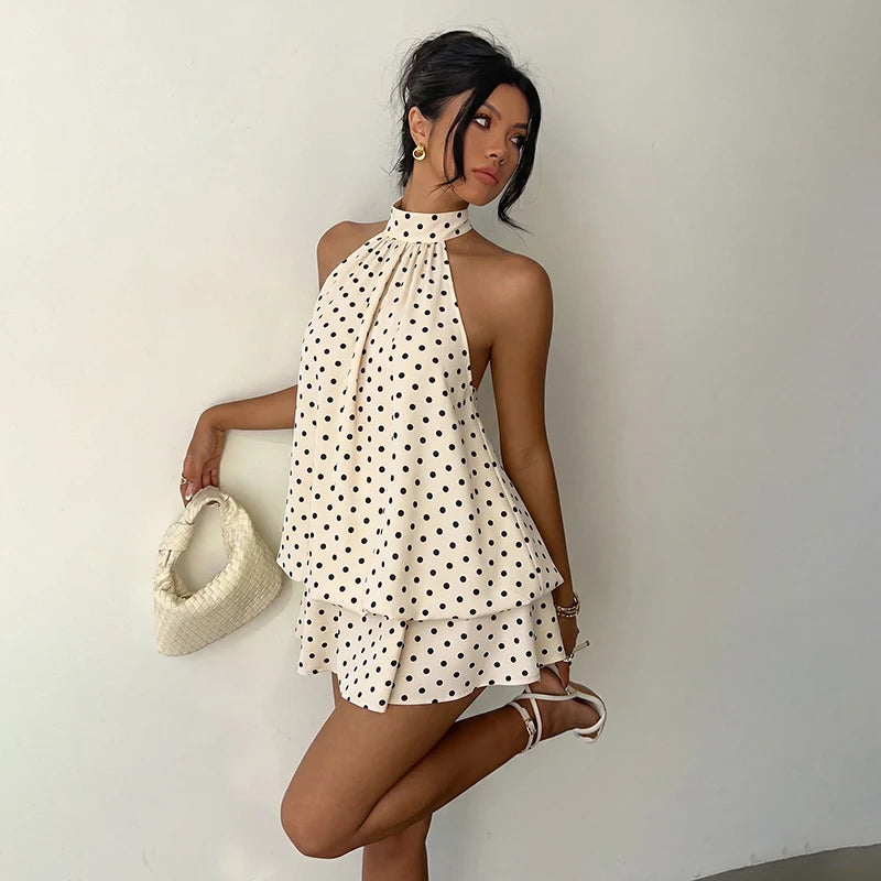 Vestido Corto de Lunares con Cuello Halter para Mujer | Vestido de Verano Vintage con Espalda al Aire