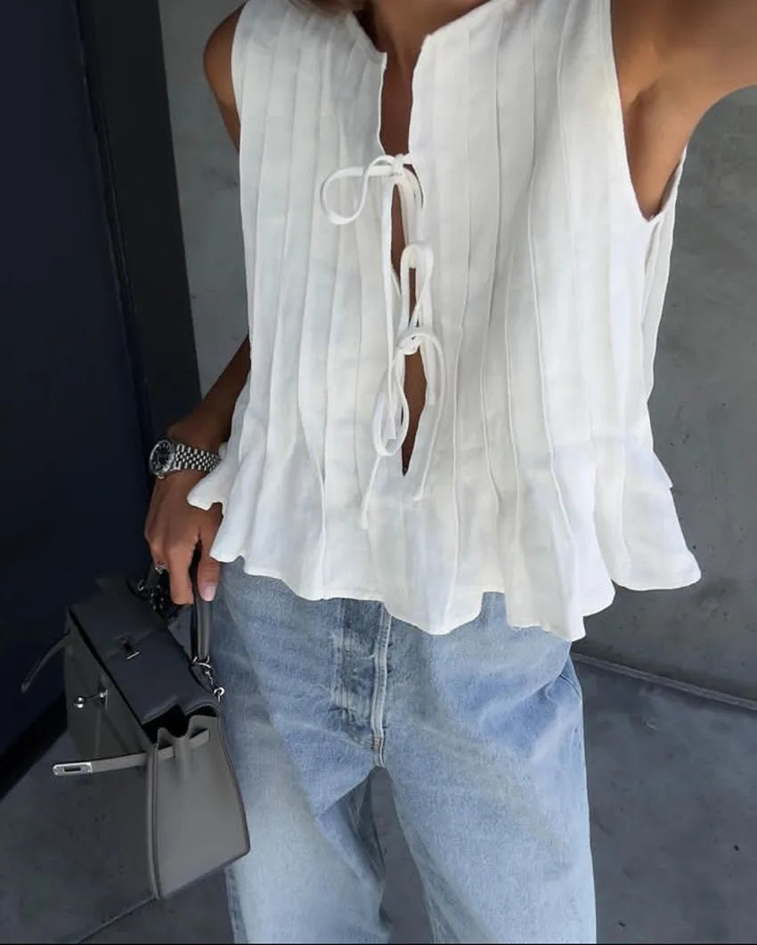 Blusa de Lino para Mujer | Top sin Mangas con Lazo y Calado