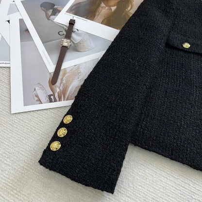 Chaqueta Tweed Negra para Mujer | Chaqueta Corta con Bolsillos y Botones Dorados