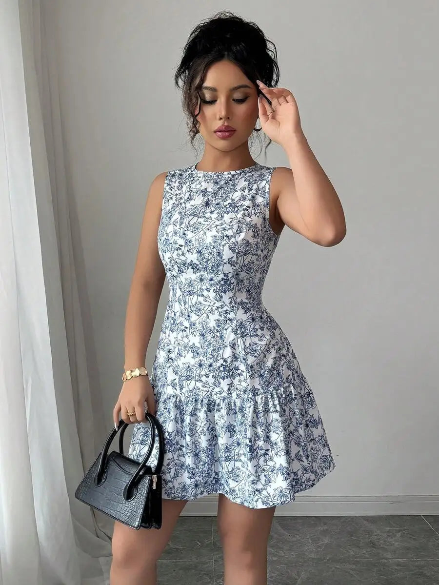 Vestido Corto Floral para Mujer | Sin Mangas, Escote Redondo y Vuelo, Verano