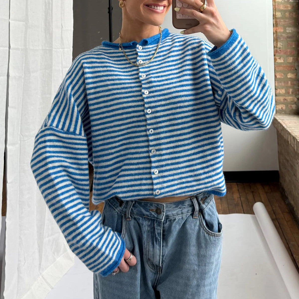 Cárdigan Largo Oversize de Rayas para Mujer | Punto Abierto con Botones