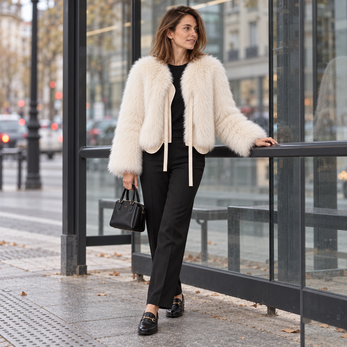 Abrigo de pelo sintético blanco leche en escena lifestyle de otoño