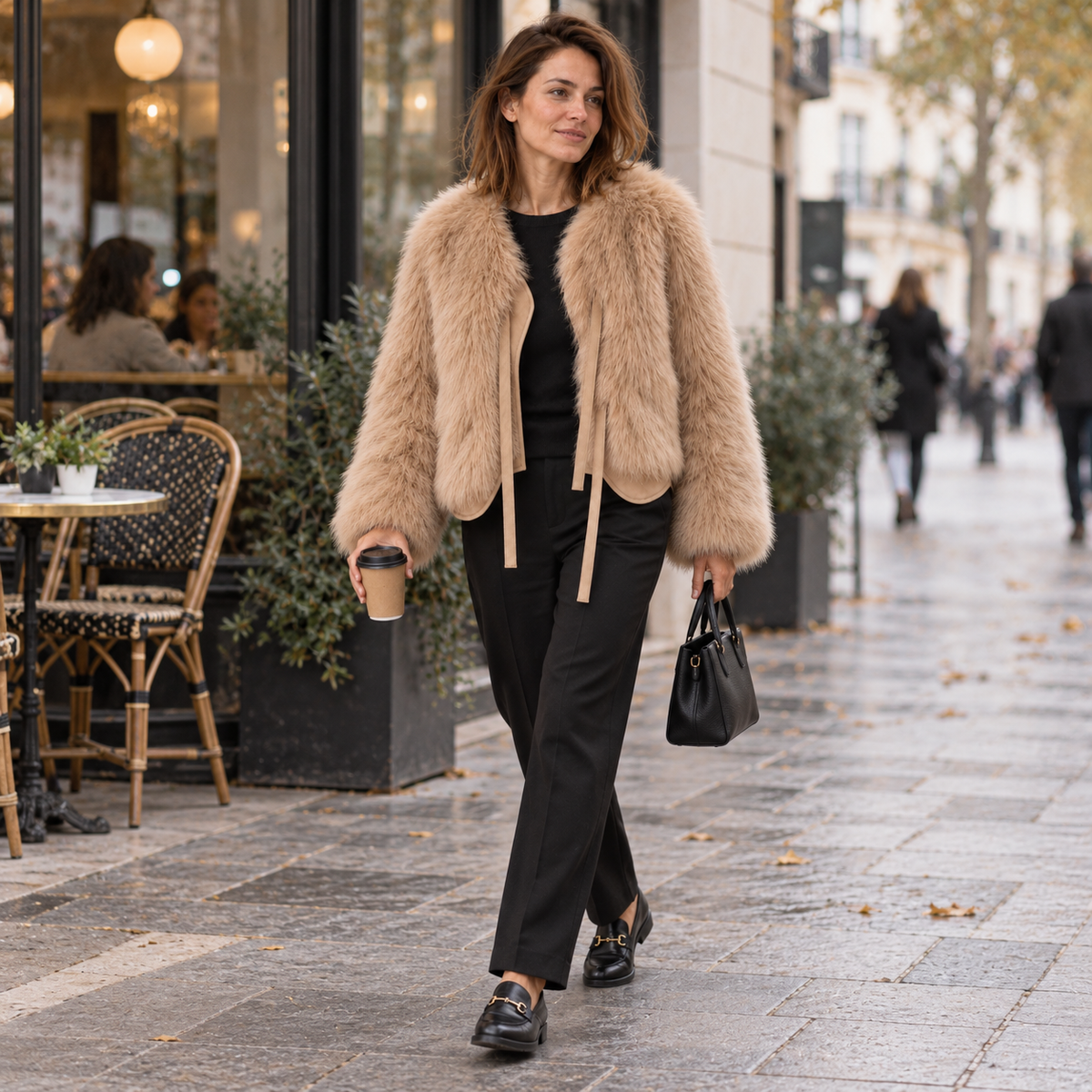Abrigo de pelo sintético café con leche en escena lifestyle de otoño