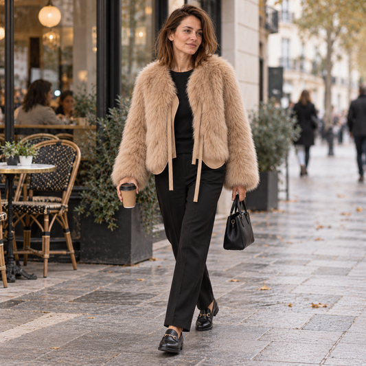 Abrigo de pelo sintético café con leche en escena lifestyle de otoño