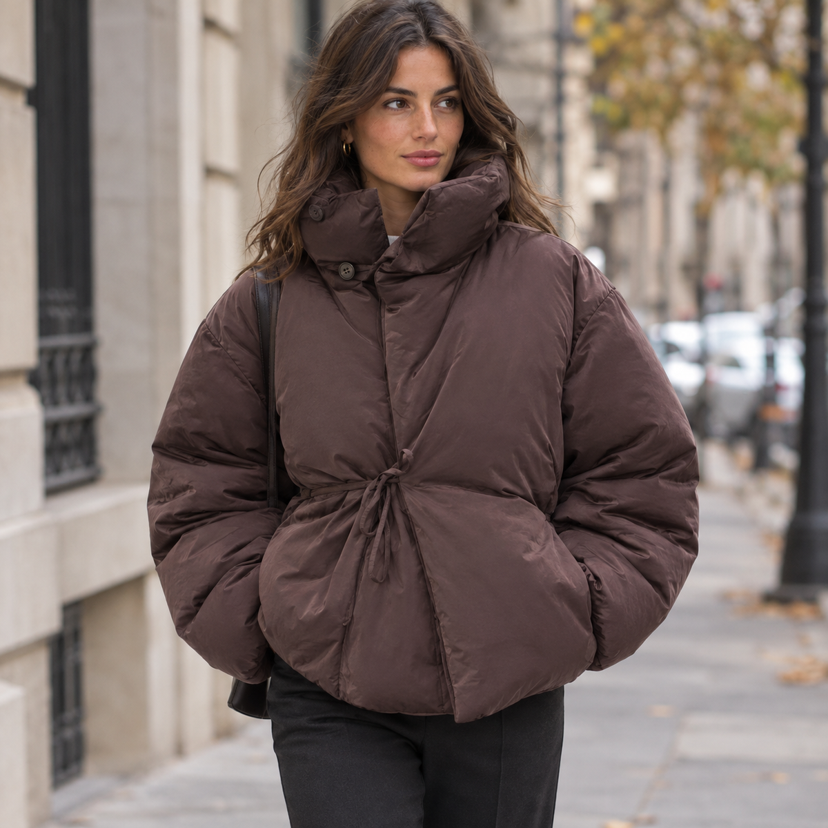 Chaqueta Acolchada Corta cuello alto marrón