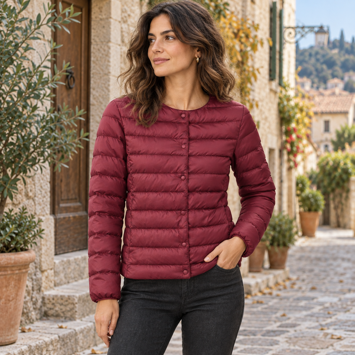 Chaqueta acolchada de plumón color vino en foto lifestyle