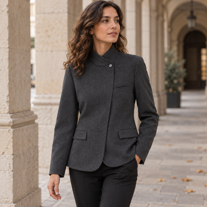 Blazer asimétrico gris oscuro para mujer, cuello alto asimétrico, foto lifestyle secundaria