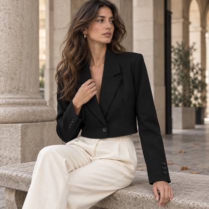 Blazer corto de solapa negro para mujer, crop un botón, foto lifestyle secundaria