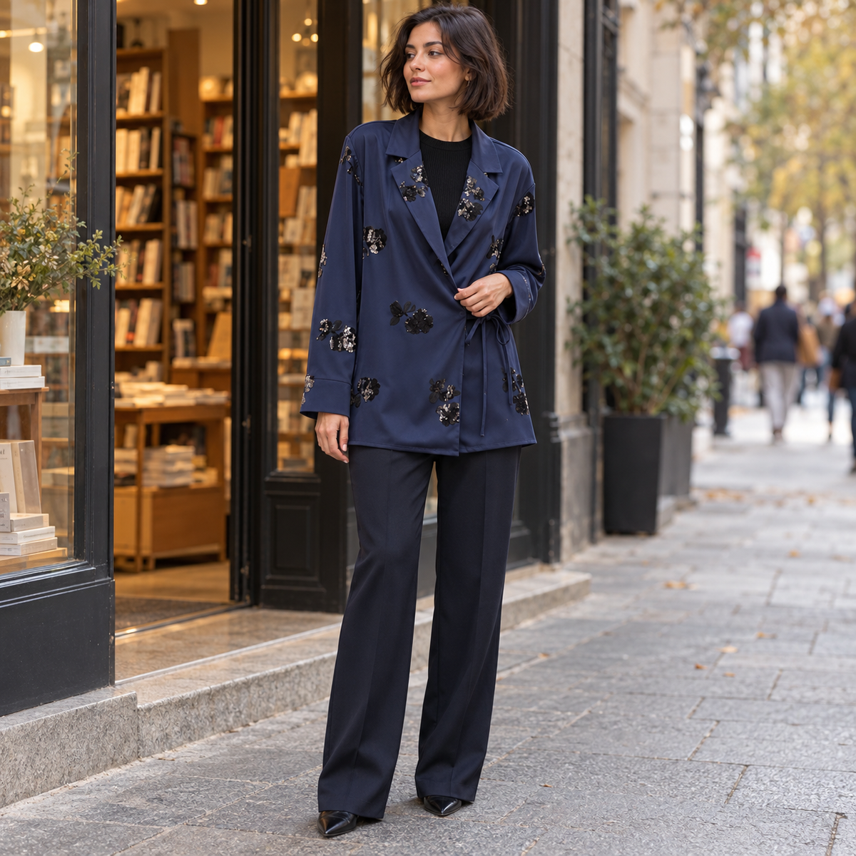 Blazer azul marino con flores de lentejuelas en la puerta de una librería
