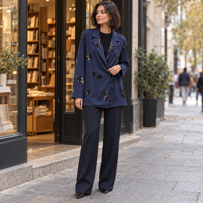 Blazer azul marino con flores de lentejuelas en la puerta de una librería