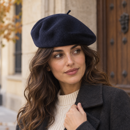 Boina de lana azul marino estilo francés para mujer