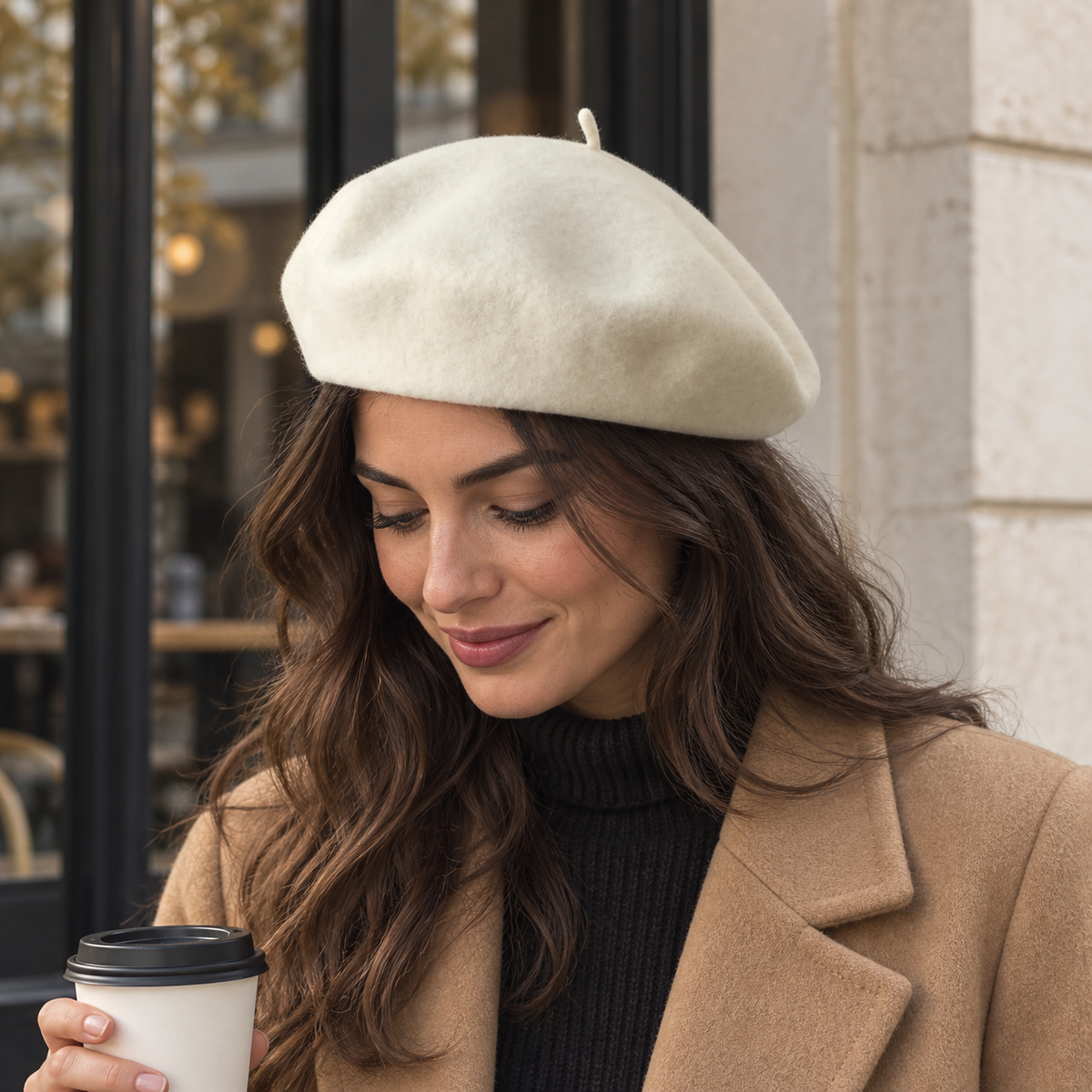 Boina de lana blanco roto estilo francés para mujer