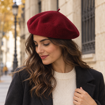Boina de lana burdeos estilo francés para mujer
