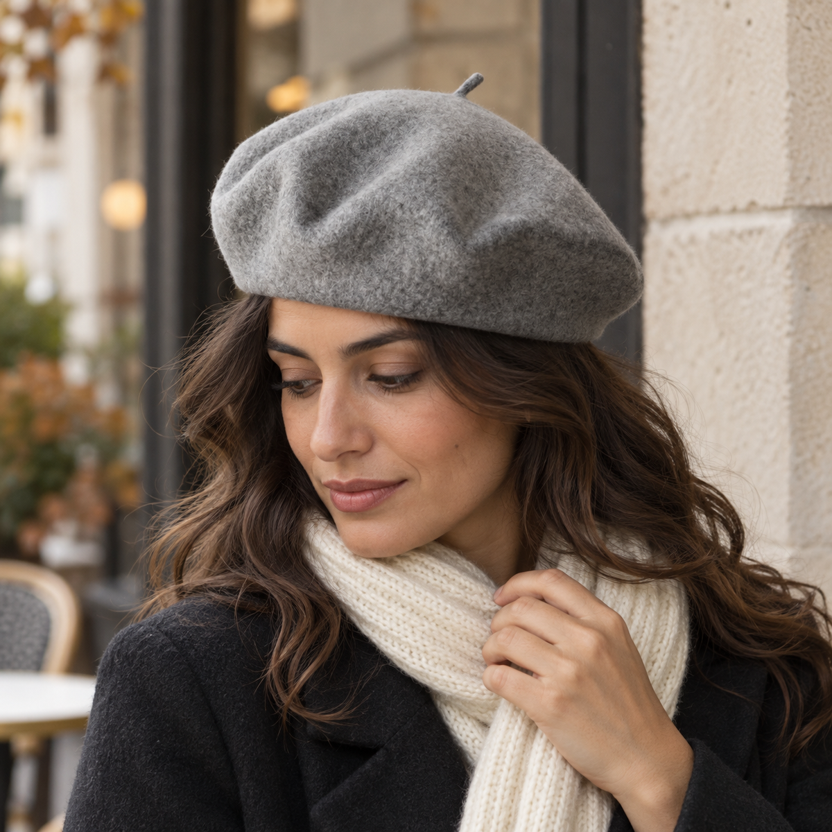 Boina de lana gris estilo francés para mujer