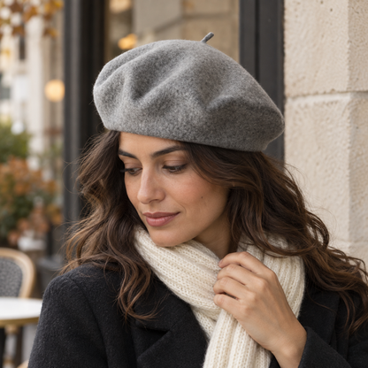 Boina de lana gris estilo francés para mujer