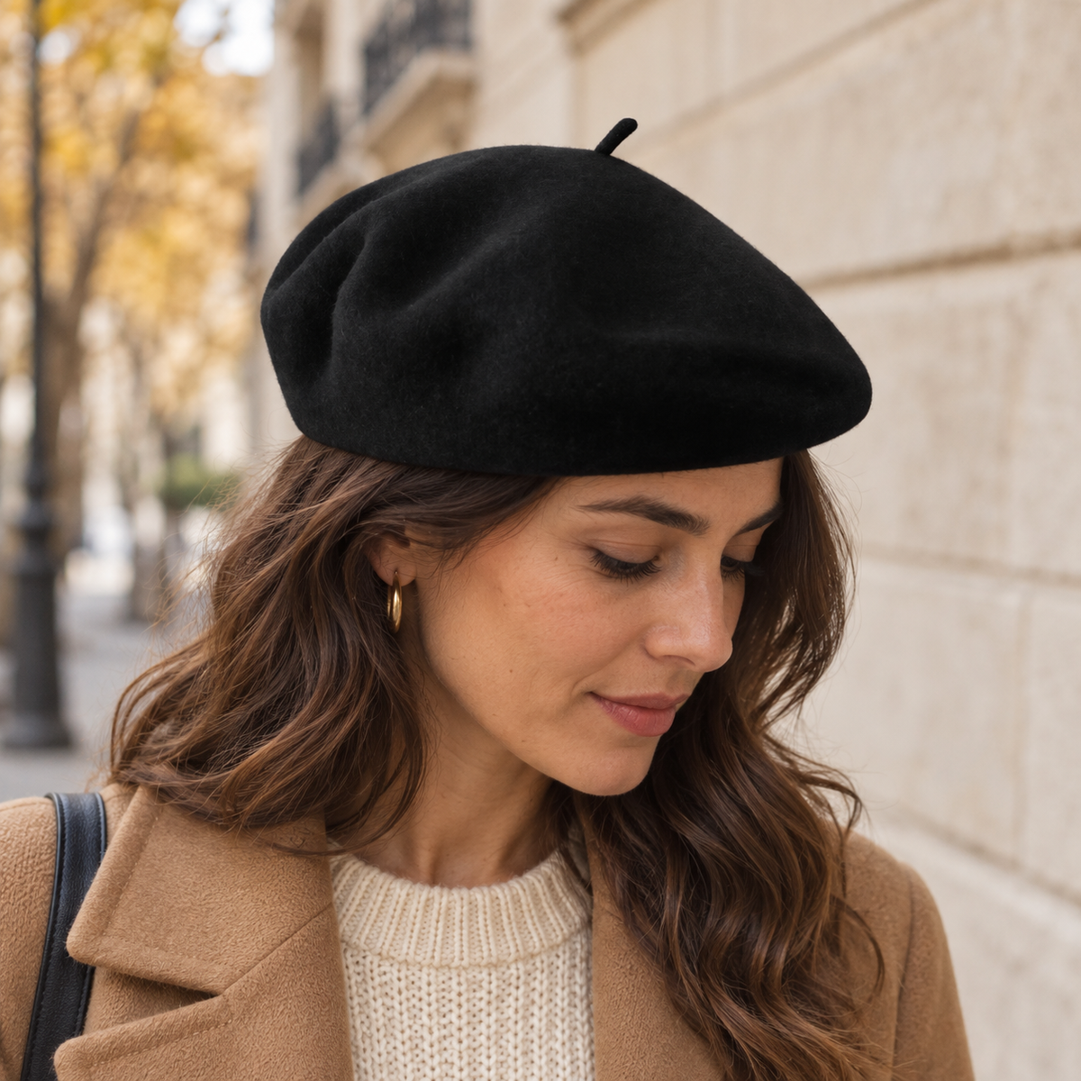Boina de lana negra estilo francés para mujer