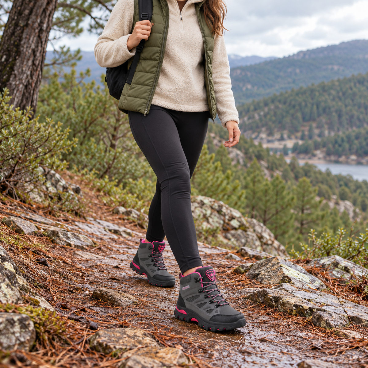 Look de excursión con botas de montaña grises impermeables