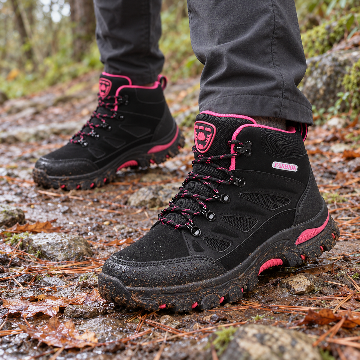 Botas de montaña negras impermeables en sendero húmedo