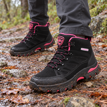 Botas de montaña negras impermeables en sendero húmedo