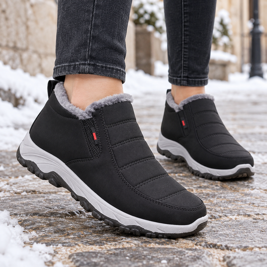 Botas de nieve negras con forro cálido gris puestas en exterior de invierno