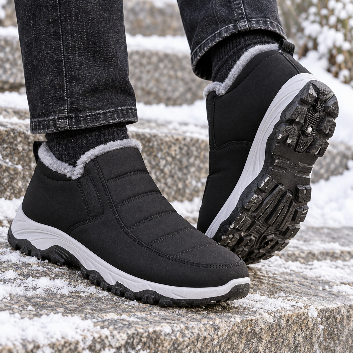 Detalle de la suela con tacos de botas de nieve negras para mujer