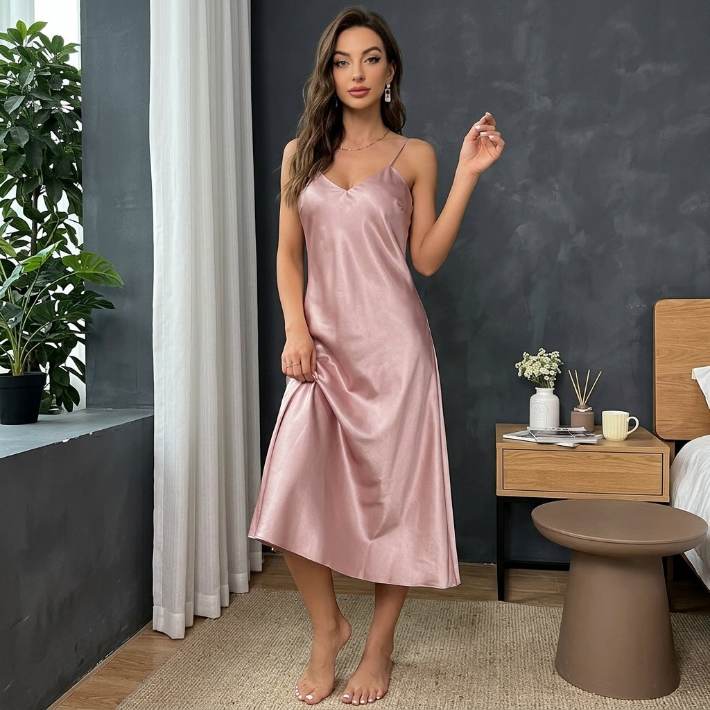 Camisón largo de satén rosa malva de tirantes, dormitorio