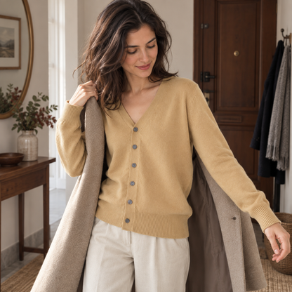 Cárdigan cashmere cuello V beige en look lifestyle de otoño