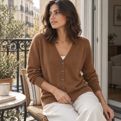 Cárdigan cashmere cuello V marrón café en look lifestyle de otoño